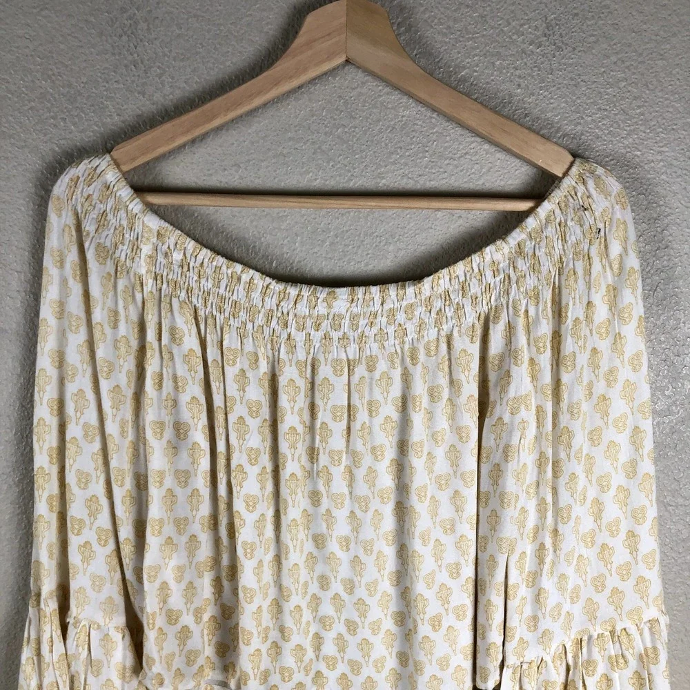 Anthropologie Raga Shirt Womens X Small Yellow Geo Cropped Fringe Bohemian‎ Boho